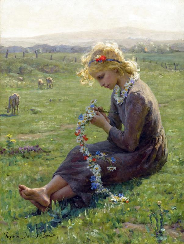 Peintres de l'école de Crozant Demont-Breton Virginie Demont-Breton Virginie - Fillette à la guirlande de fleurs des champs custom text