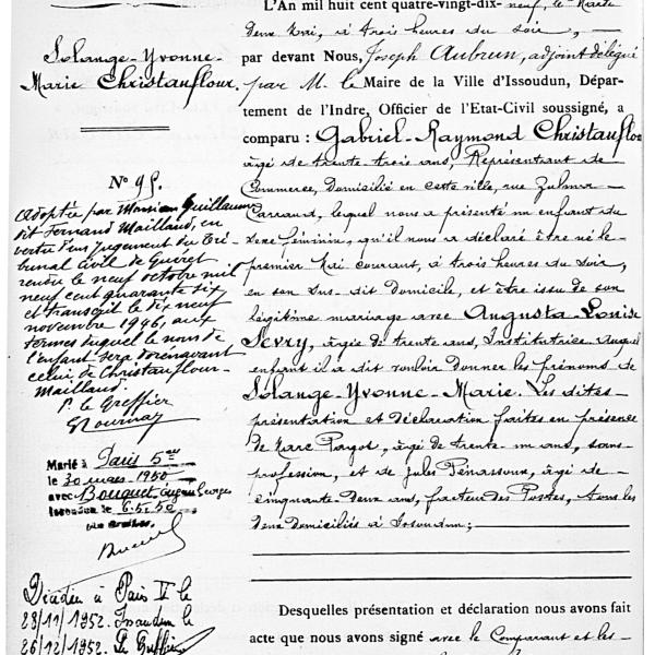 Peintres de l'école de Crozant Documents Christauflour Solange - acte de naissance custom text