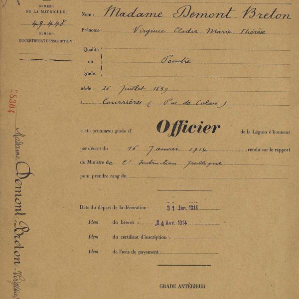 Peintres de l'école de Crozant Documents Demont-Breton Virginie - Légion d'honneur custom text