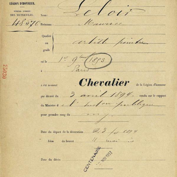 Peintres de l'école de Crozant Documents Maurice Lenoir - dossier de la Légion d'honneur custom text