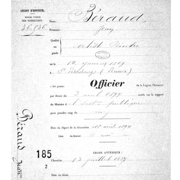 Peintres de l'école de Crozant Documents Jean Béraud - Dossier Légion d'Honneur custom text