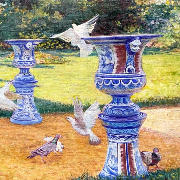 Peintres de l'école de Crozant Lambrette Marcelle Lambrette Marcelle - Colombes et vases dans un parc custom text