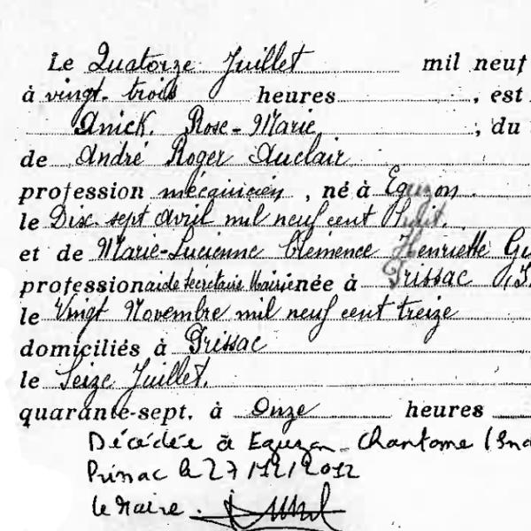 Peintres de l'école de Crozant Documents Auclair Anick - Acte de naissance custom text