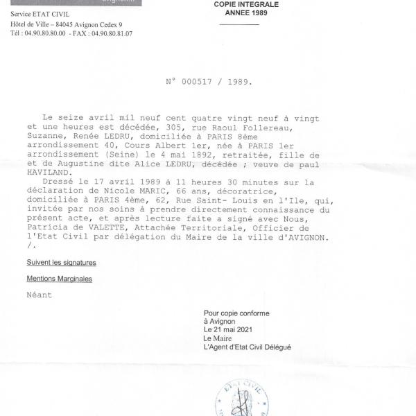 Peintres de l'école de Crozant Documents Acte de décès de Ledru custom text