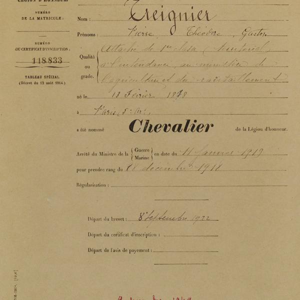 Peintres de l'école de Crozant Documents Gaston Treignier - Légion d'honneur custom text